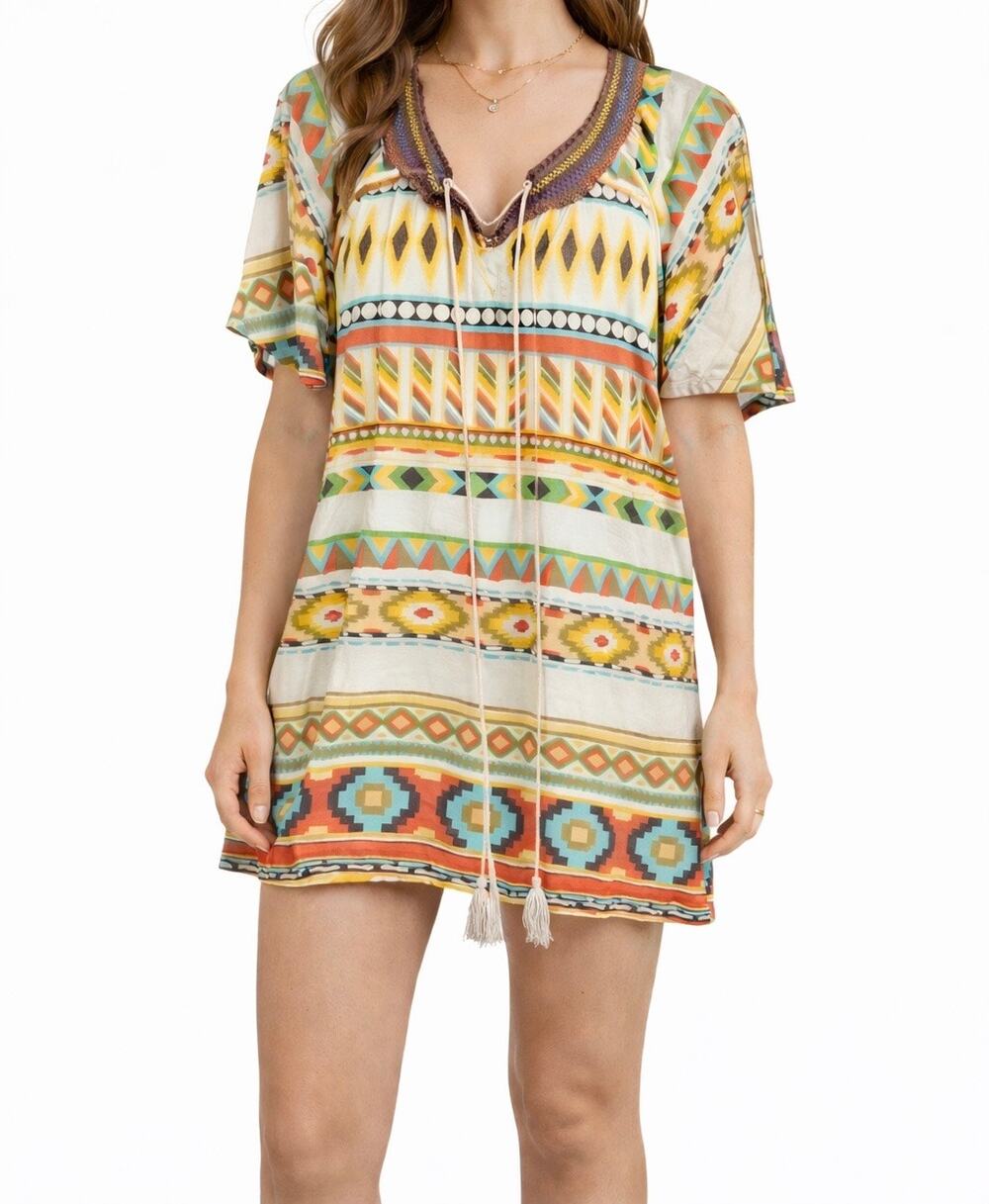 Funky People Sz L Southwestern Print Tassle Tie Tunic Dress Lined EUC Western